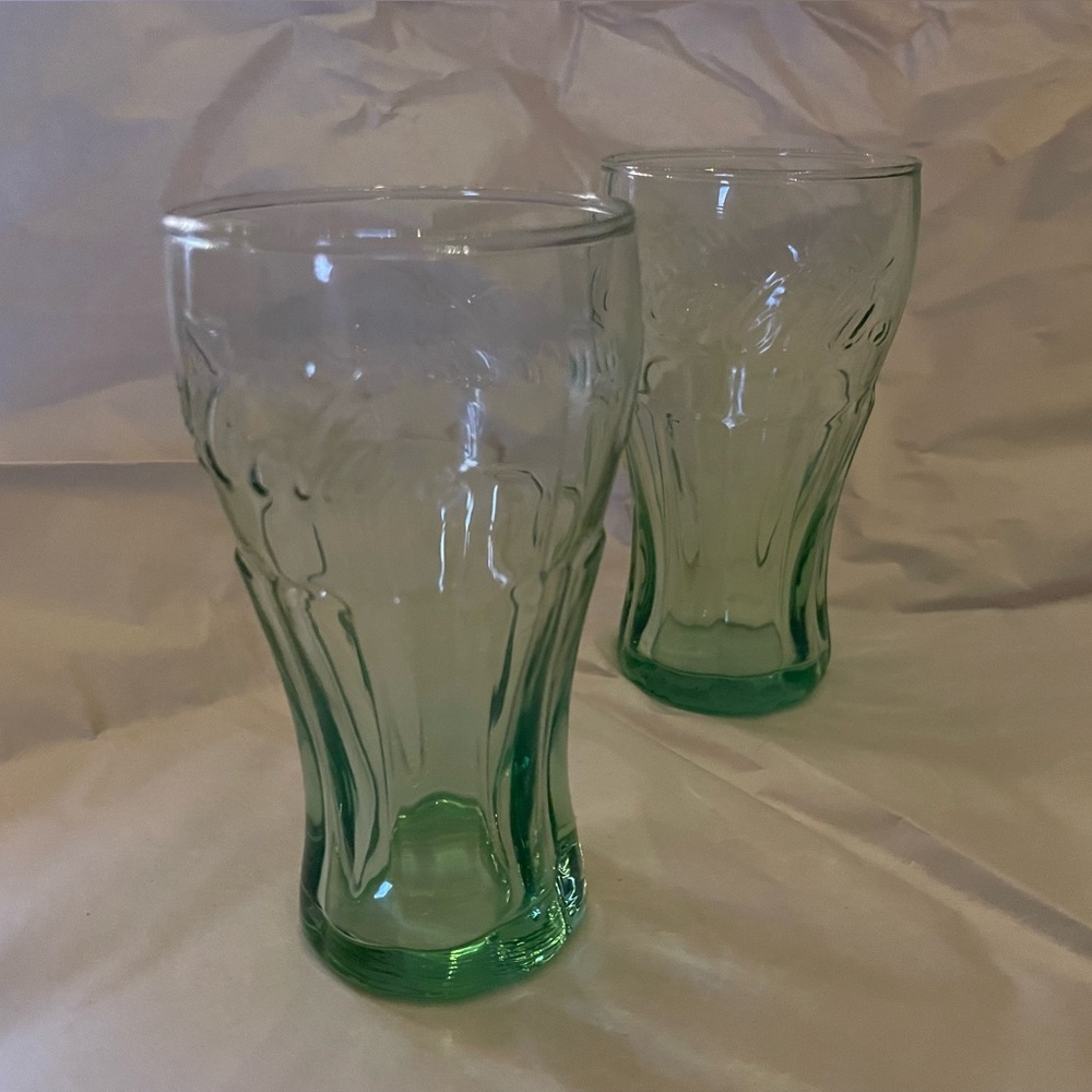 🥤 COCA COLA Vintage Green Glasses Embossed logo Mini’s Set of 2 🥤